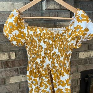 Floral Mid Length Dress with Slit & Blue/Gray Accents M Worn Once Yellow